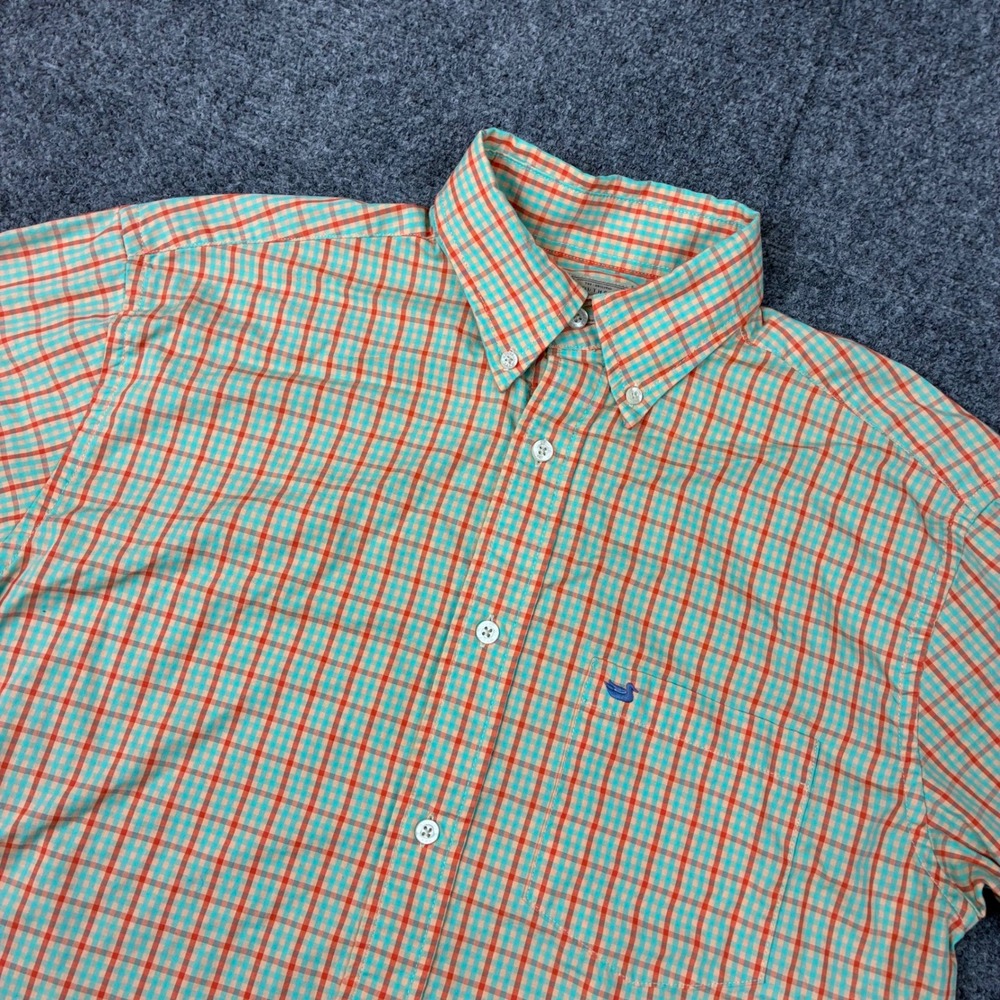 Southern Marsh Mens Medium Short Sleeve Plaid Button Down Shirt Orange Turquoise